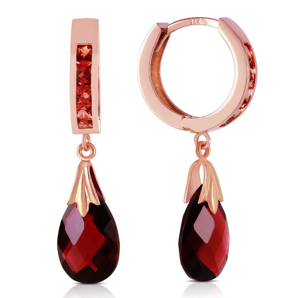 14K SOLID GOLD HOOP EARRING WITH NATURAL GARNETS - Picture 1 of 6